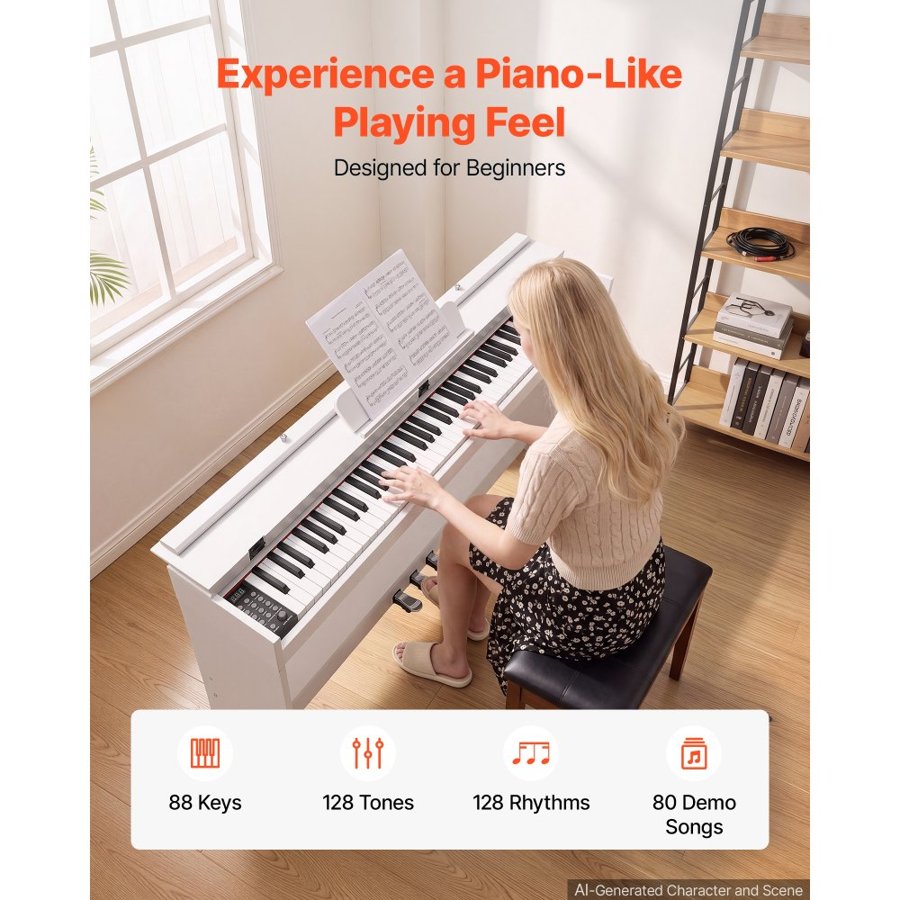 VEVOR Digital Piano 88 Keys Semi Weighted Keyboard with Stand Speaker White, for Beginners, 128 Tones, 128 Rhythms, Full Size Electric Piano, with Pedal, Headphone Jack, USB/MIDI, Sheet Music Stand