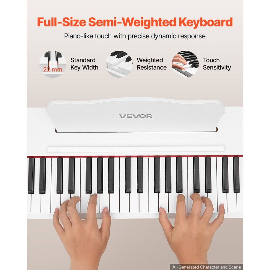 VEVOR Digital Piano 88 Keys Semi Weighted Keyboard with Stand Speaker White, for Beginners, 128 Tones, 128 Rhythms, Full Size Electric Piano, with Pedal, Headphone Jack, USB/MIDI, Sheet Music Stand