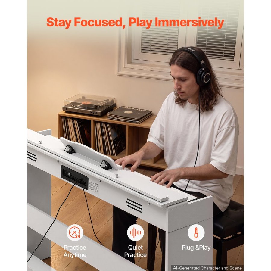 VEVOR Digital Piano 88 Keys Semi Weighted Keyboard with Stand Speaker White, for Beginners, 128 Tones, 128 Rhythms, Full Size Electric Piano, with Pedal, Headphone Jack, USB/MIDI, Sheet Music Stand