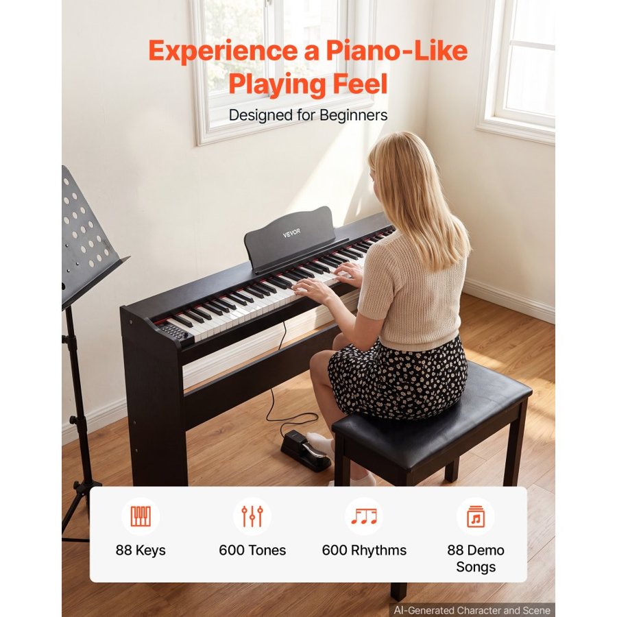 VEVOR Digital Piano 88 Keys Semi Weighted Keyboard with Stand Speaker Black, for Beginners, 600 Tones, 600 Rhythms, Full Size Electric Piano, with Pedal, Headphone Jack, USB/MIDI, Sheet Music Stand