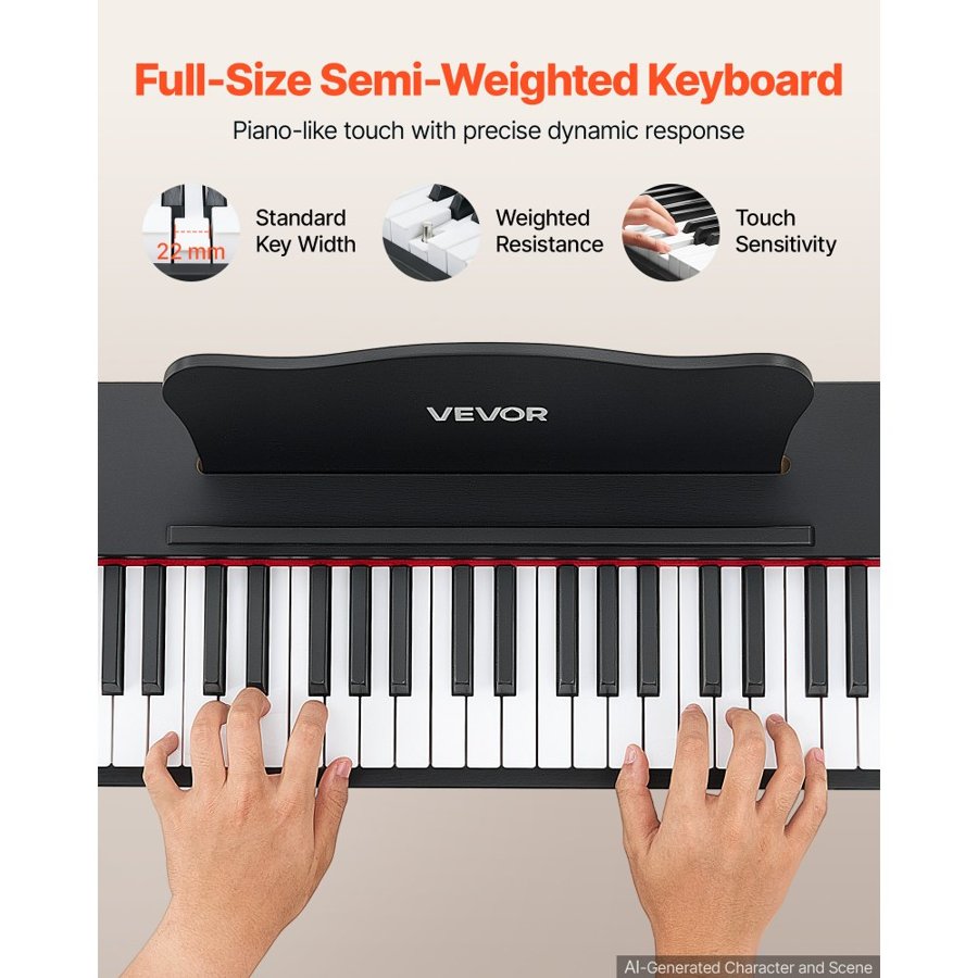 VEVOR Digital Piano 88 Keys Semi Weighted Keyboard with Stand Speaker Black, for Beginners, 600 Tones, 600 Rhythms, Full Size Electric Piano, with Pedal, Headphone Jack, USB/MIDI, Sheet Music Stand