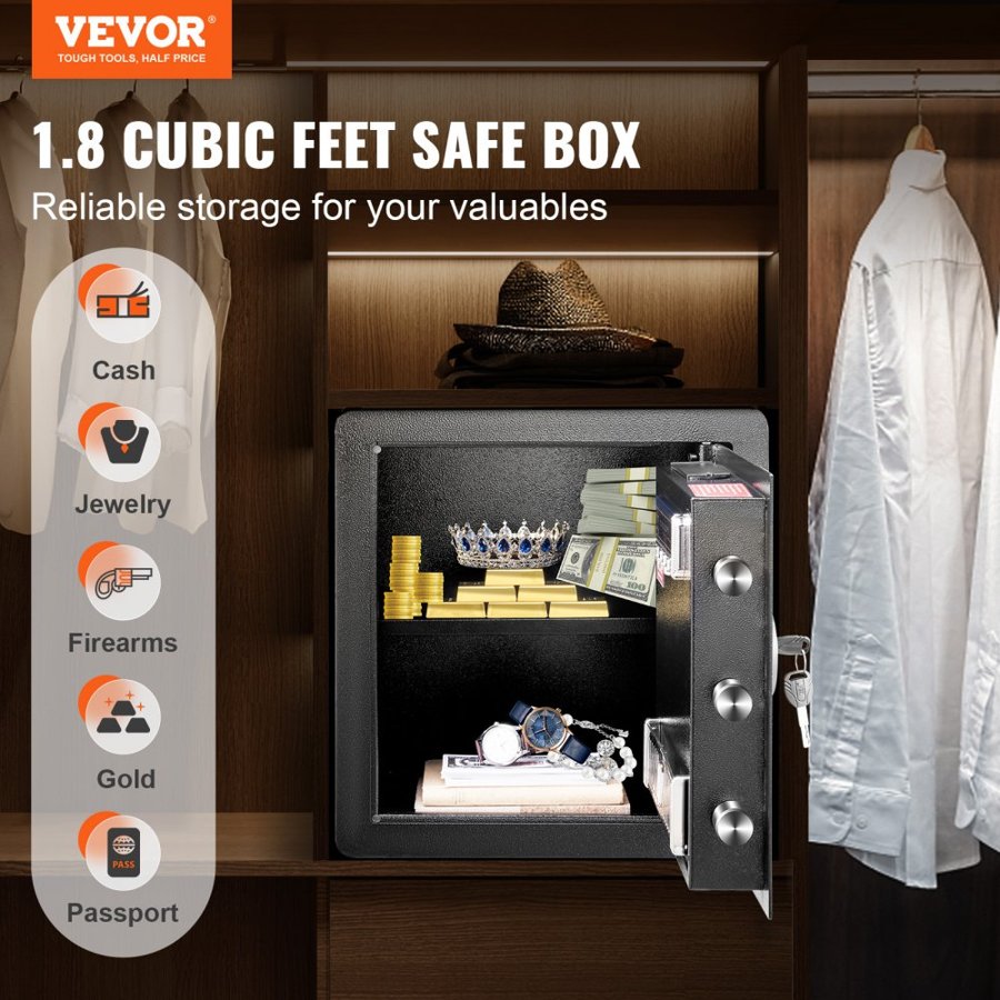 VEVOR Safe, 51.0 L Home Safe, Steel Security Safe with Digital Keypad and 2 Keys, Cabinet Safe with Fire-proof Bag, Protect Cash, Gold, Jewelry, Documents for Home, Hotel, 40.1 x 33.0 x 42.9 cm