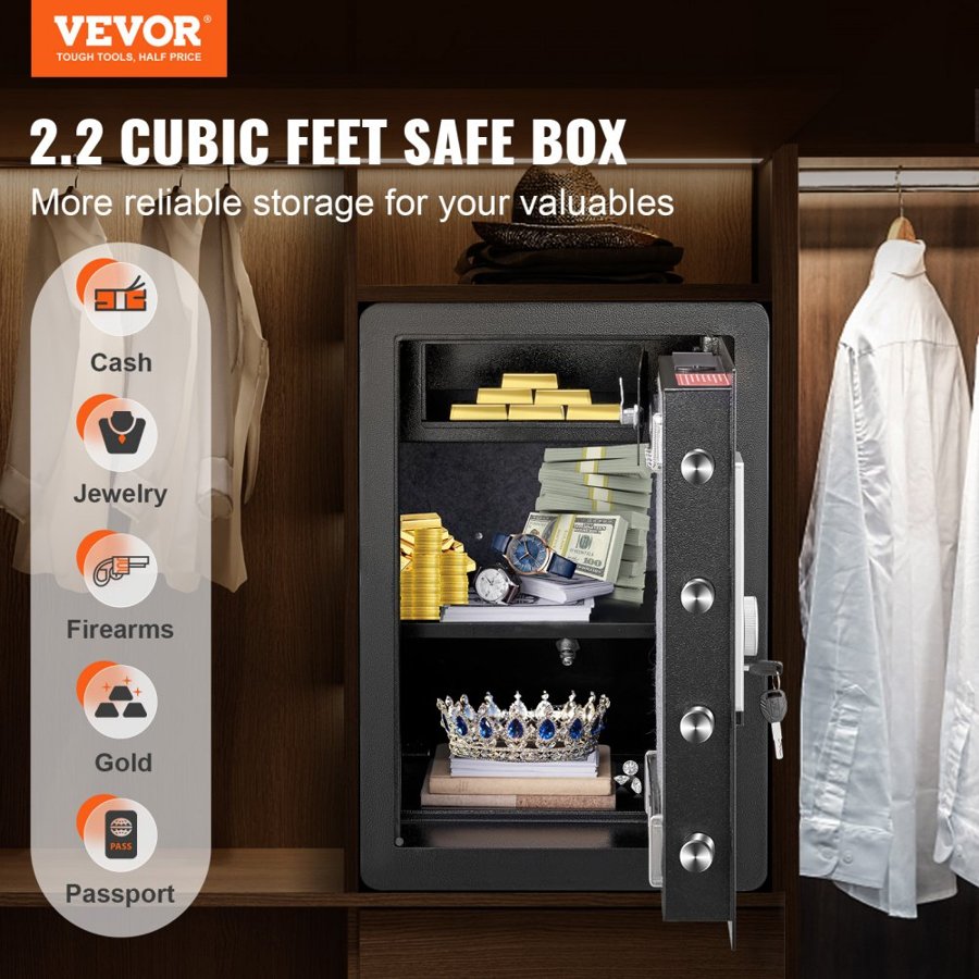 VEVOR Safe, 62 L Home Safe, Steel Security Safe with Fingerprint, Digital Keypad and 2 Keys, Cabinet Safe with Large Fire-proof Bag, Protect Cash, Gold, Jewelry, Documents, 40 × 33 × 60 cm