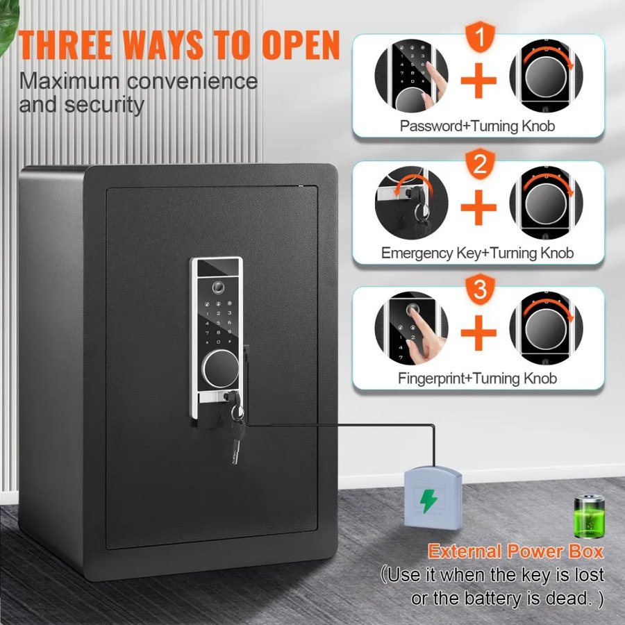 VEVOR Safe, 62 L Home Safe, Steel Security Safe with Fingerprint, Digital Keypad and 2 Keys, Cabinet Safe with Large Fire-proof Bag, Protect Cash, Gold, Jewelry, Documents, 40 × 33 × 60 cm