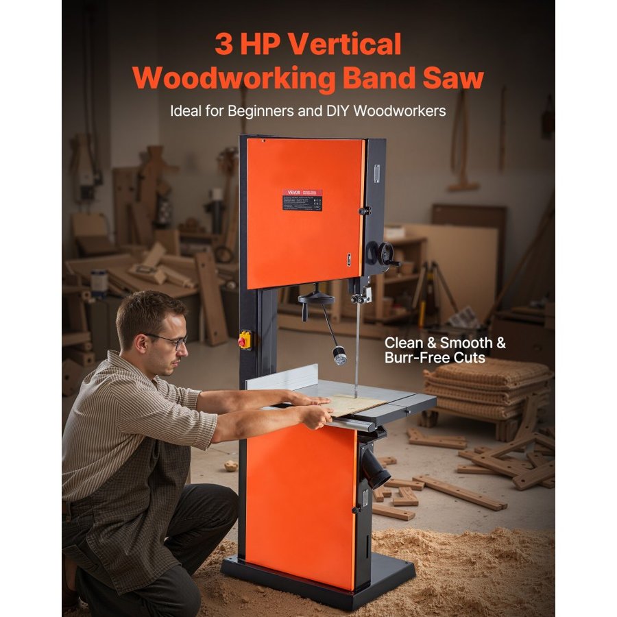 VEVOR Woodworking Bandsaw, 457 mm, Band Saw with 2240W 3HP Motor, 406 mm Maximum Cutting Height, 690 x 510 mm Cast Iron Table, with 360° Work Light, Miter Gauge, Fence, Band Saw for Woodworking