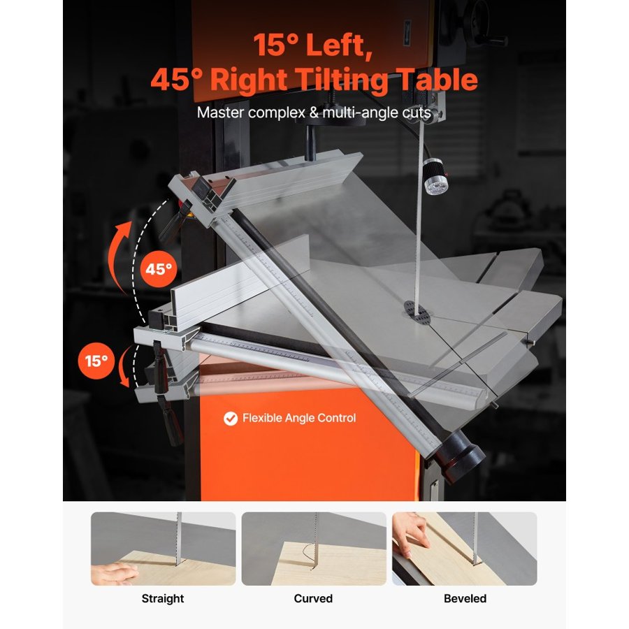 VEVOR Woodworking Bandsaw, 457 mm, Band Saw with 2240W 3HP Motor, 406 mm Maximum Cutting Height, 690 x 510 mm Cast Iron Table, with 360° Work Light, Miter Gauge, Fence, Band Saw for Woodworking