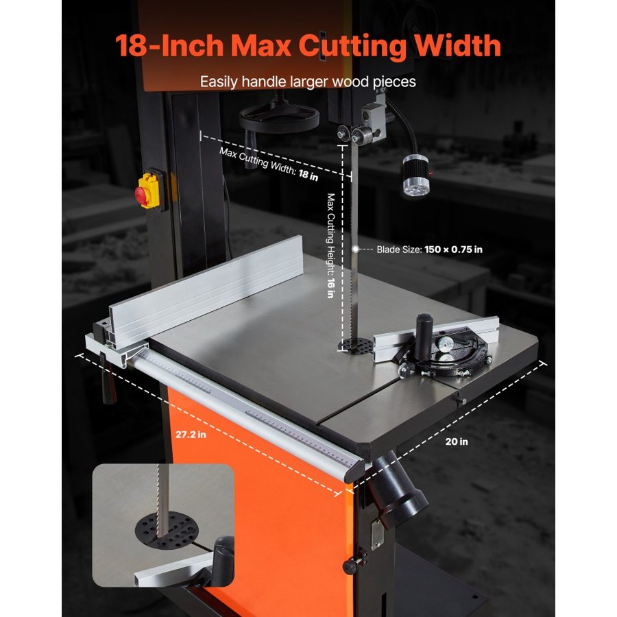 VEVOR Woodworking Bandsaw, 457 mm, Band Saw with 2240W 3HP Motor, 406 mm Maximum Cutting Height, 690 x 510 mm Cast Iron Table, with 360° Work Light, Miter Gauge, Fence, Band Saw for Woodworking