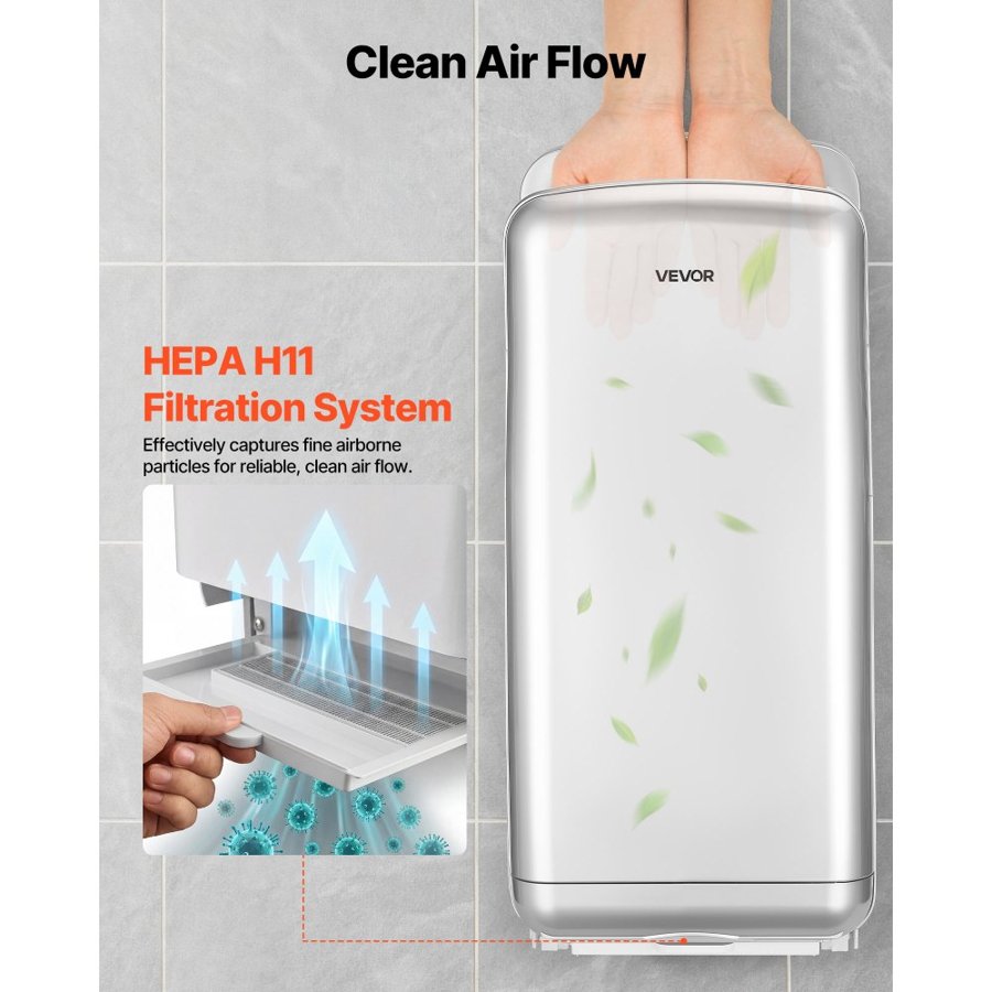 VEVOR Vertical Hand Dryer, Hand Dryers with HEPA Filter, 19000 RPM High-Speed Motor, Dual-Side Airflow, ABS Sturdy Automatic Air Wall Mount Fast Drying for Commercial Bathrooms Modern Home, Silver