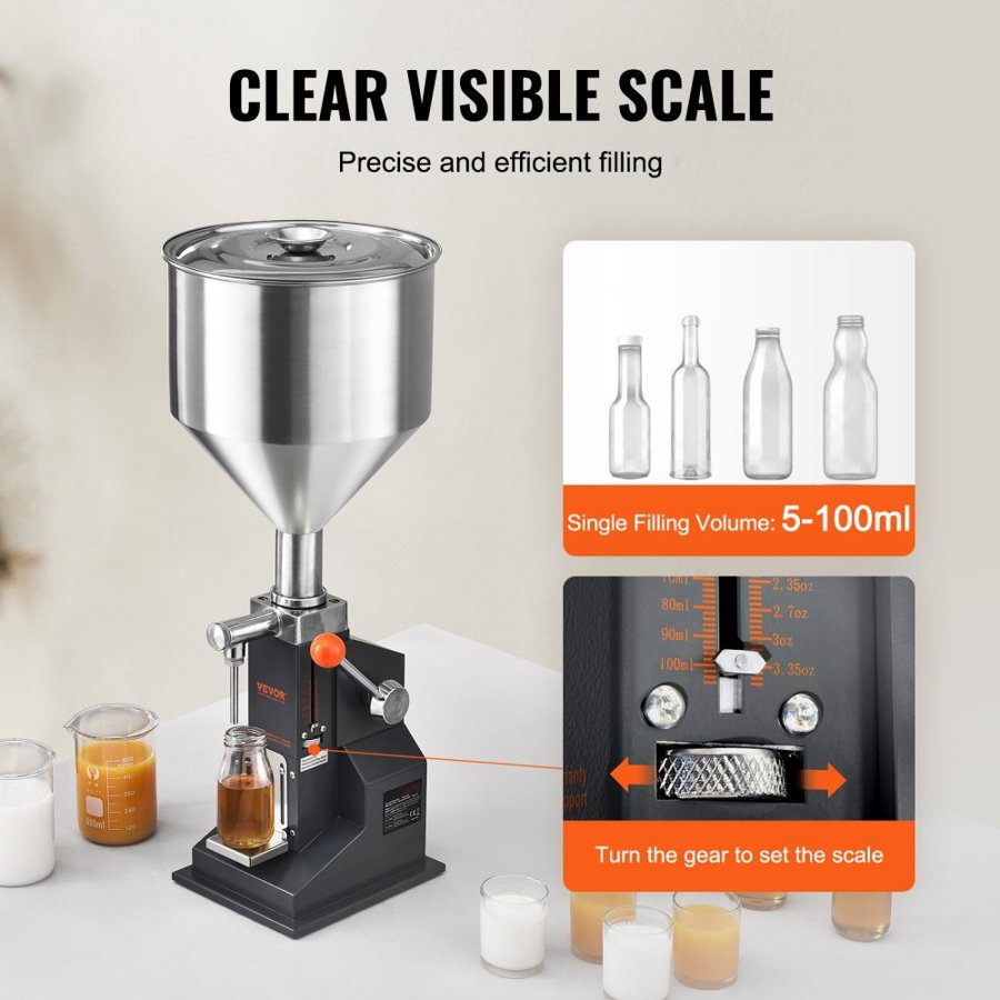 VEVOR Manual Paste Liquid Filling Machine, 5-100ml Bottle Filler, Adjustable Bottle Filling Machine, Stainless Steel Liquid Filler with Hopper for Milk Water Juice Essential Oil Shampoo Cosmetic Honey