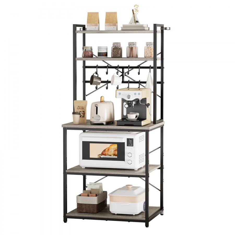 VEVOR Kitchen Bakers Rack, 600 mm Width Bakers Rack, Kitchen Stand with X-Shaped Support Bar, 12 S-Shaped Hooks, Double-Layer Top Shelf, Coffee Bar Stand for Dishes & Bowls, Spice Bottles