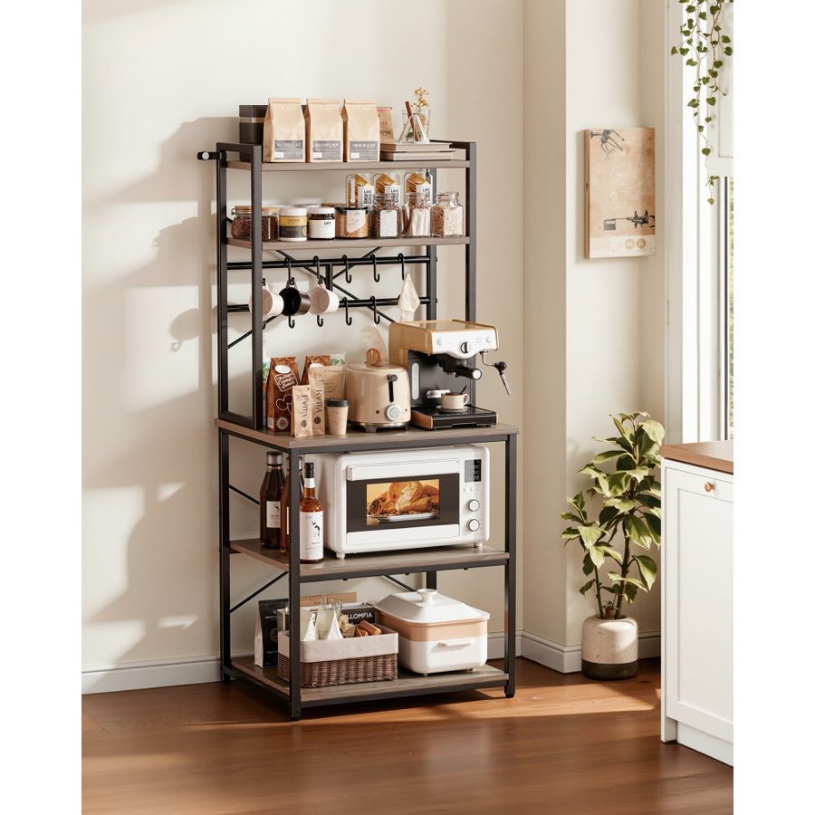 VEVOR Kitchen Bakers Rack, 600 mm Width Bakers Rack, Kitchen Stand with X-Shaped Support Bar, 12 S-Shaped Hooks, Double-Layer Top Shelf, Coffee Bar Stand for Dishes & Bowls, Spice Bottles