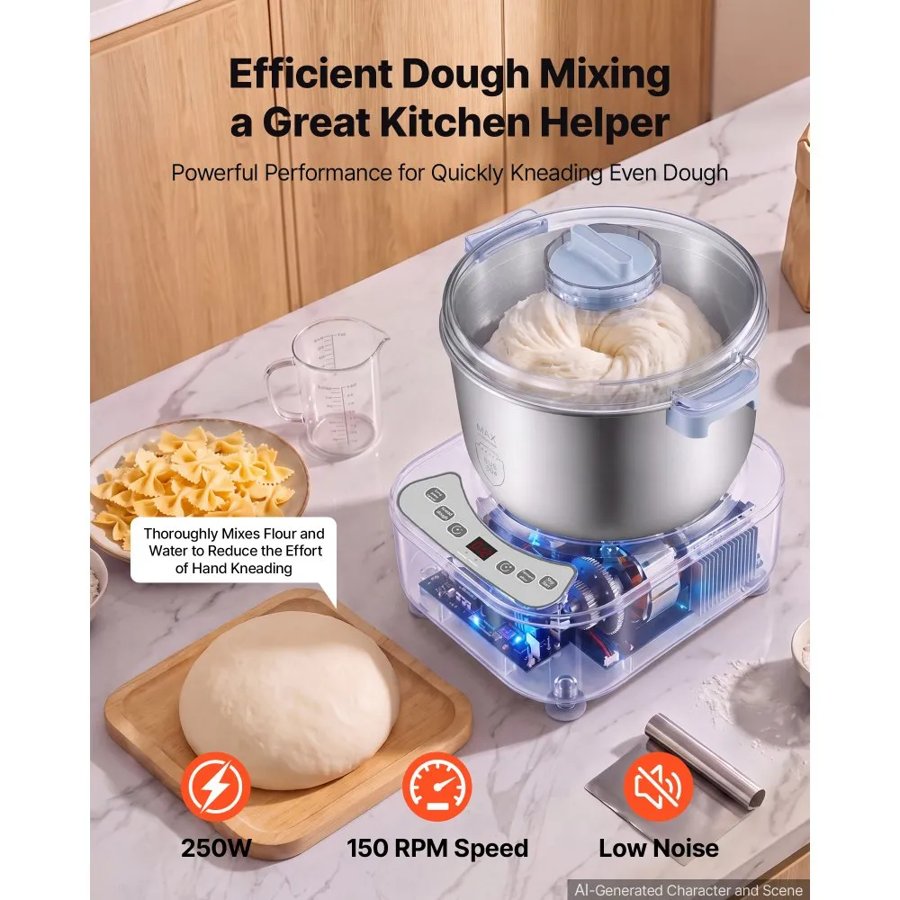 VEVOR Dough Mixer 6.5L Electric Dough Food Maker with Ferment Function, for Pizza, Pasta, and Sourdough, 304 Stainless Steel Bowl, Timer, Face-up Control Panel, Household Dough Kneading Machine