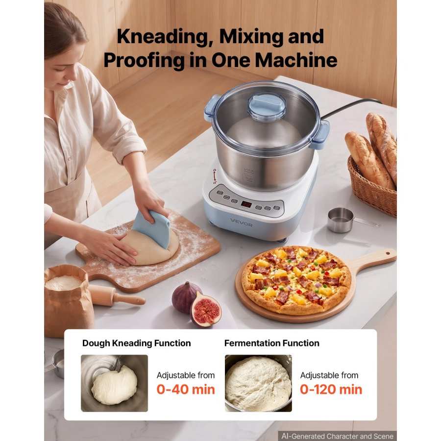 VEVOR Dough Mixer 6.5L Electric Dough Food Maker with Ferment Function, for Pizza, Pasta, and Sourdough, 304 Stainless Steel Bowl, Timer, Face-up Control Panel, Household Dough Kneading Machine