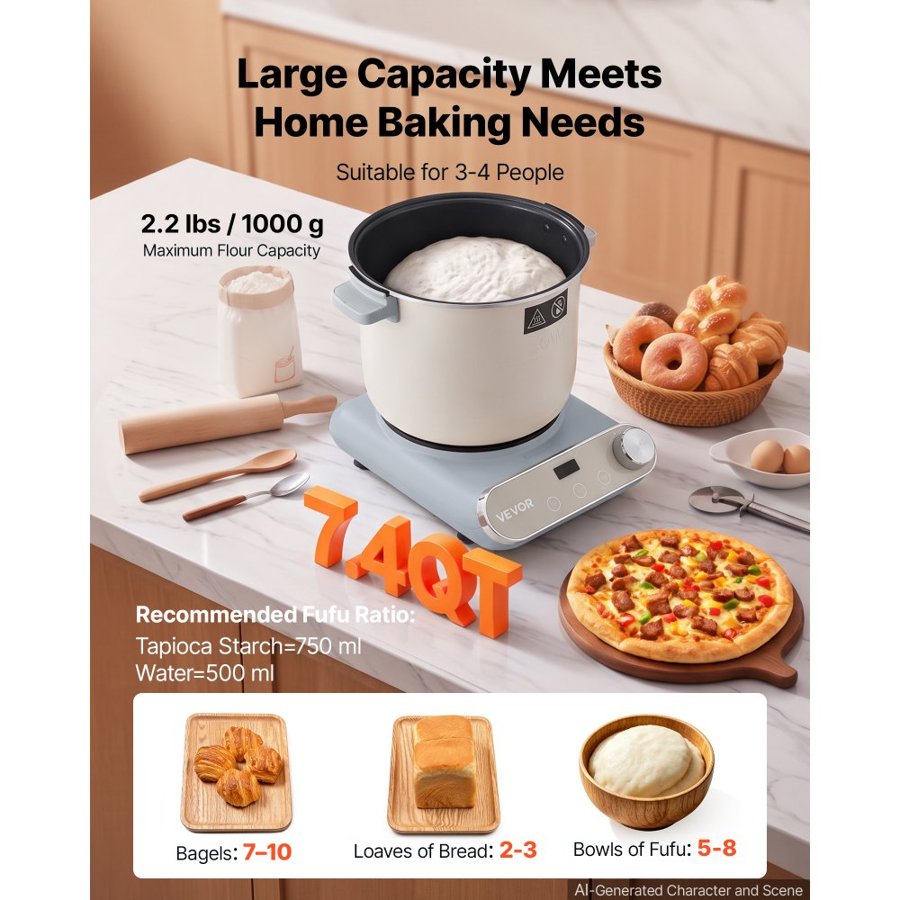 VEVOR Dough Mixer 7L Electric Dough Food Maker with Ferment Function, for Pizza, Pasta, Sourdough and Fufu, Nonstick Aluminum Pot, Timer, Face-up Control Panel, Household Dough Kneading Machine