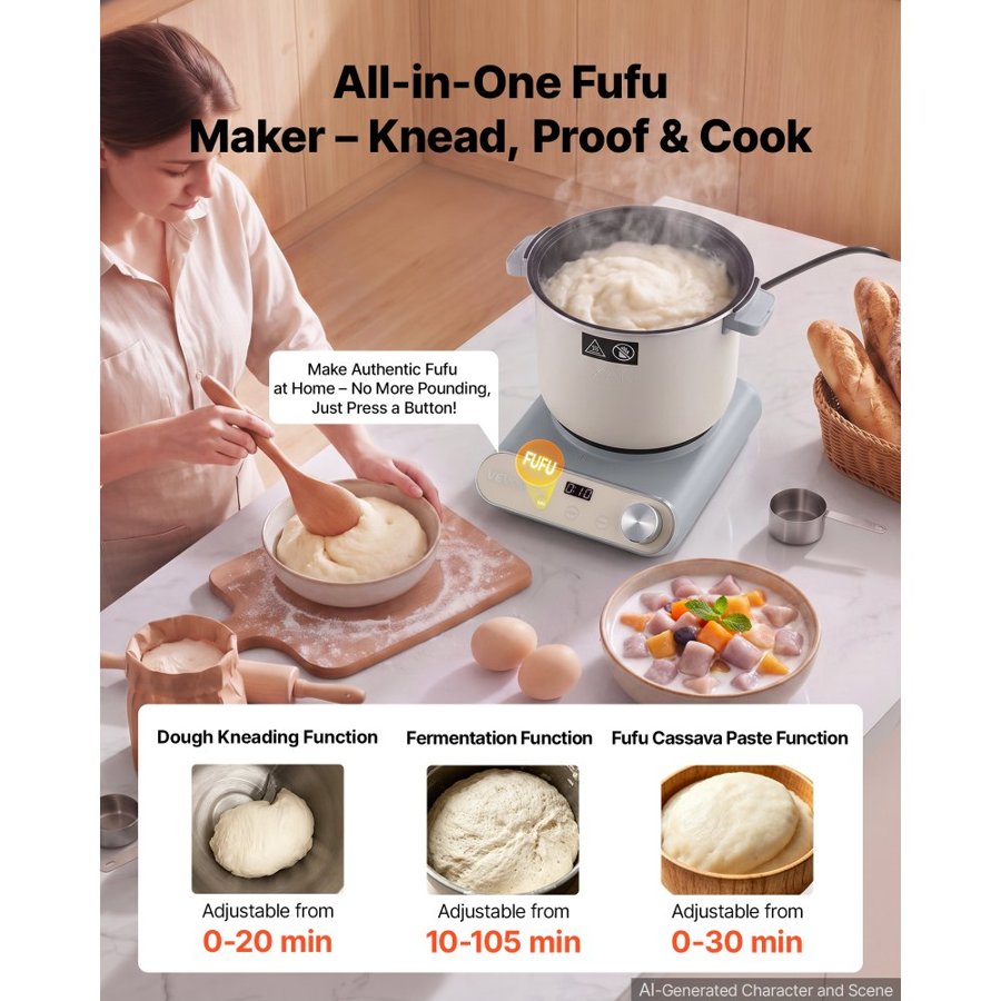 VEVOR Dough Mixer 7L Electric Dough Food Maker with Ferment Function, for Pizza, Pasta, Sourdough and Fufu, Nonstick Aluminum Pot, Timer, Face-up Control Panel, Household Dough Kneading Machine