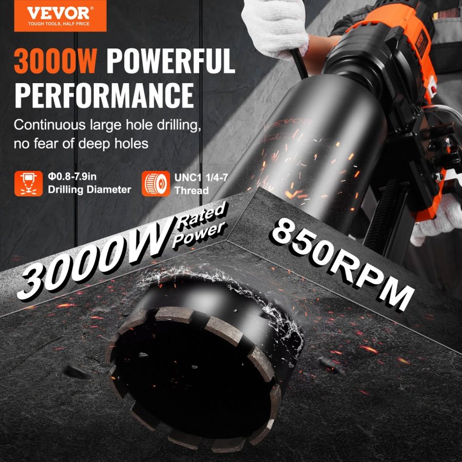 VEVOR Core Drill with Stand – 3000W, 850RPM, Φ20–200 mm