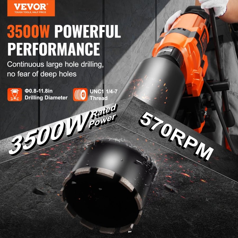 VEVOR Concrete Core Drill – 3500W, 570RPM, Φ20–300 mm Stand