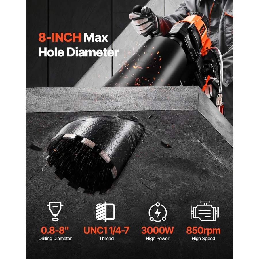 VEVOR Core Drill for Concrete – 3000W, 850RPM, 8 Bits, 8 in