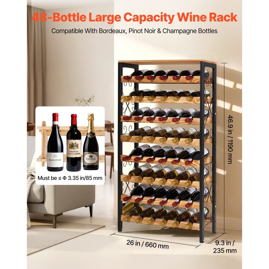 VEVOR 48 Bottle Wine Rack – 8 Tier Iron Frame with Wood Top