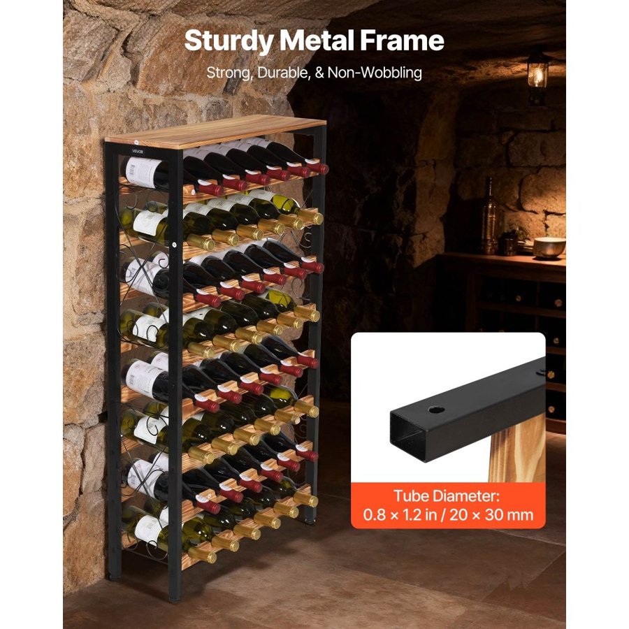 VEVOR 48 Bottle Wine Rack – 8 Tier Iron Frame with Wood Top