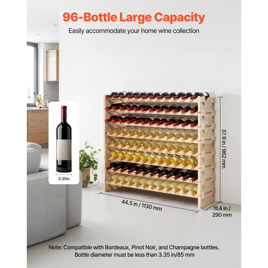VEVOR Modular Stackable Wine Rack – 96 Bottle, 8-Tier Solid