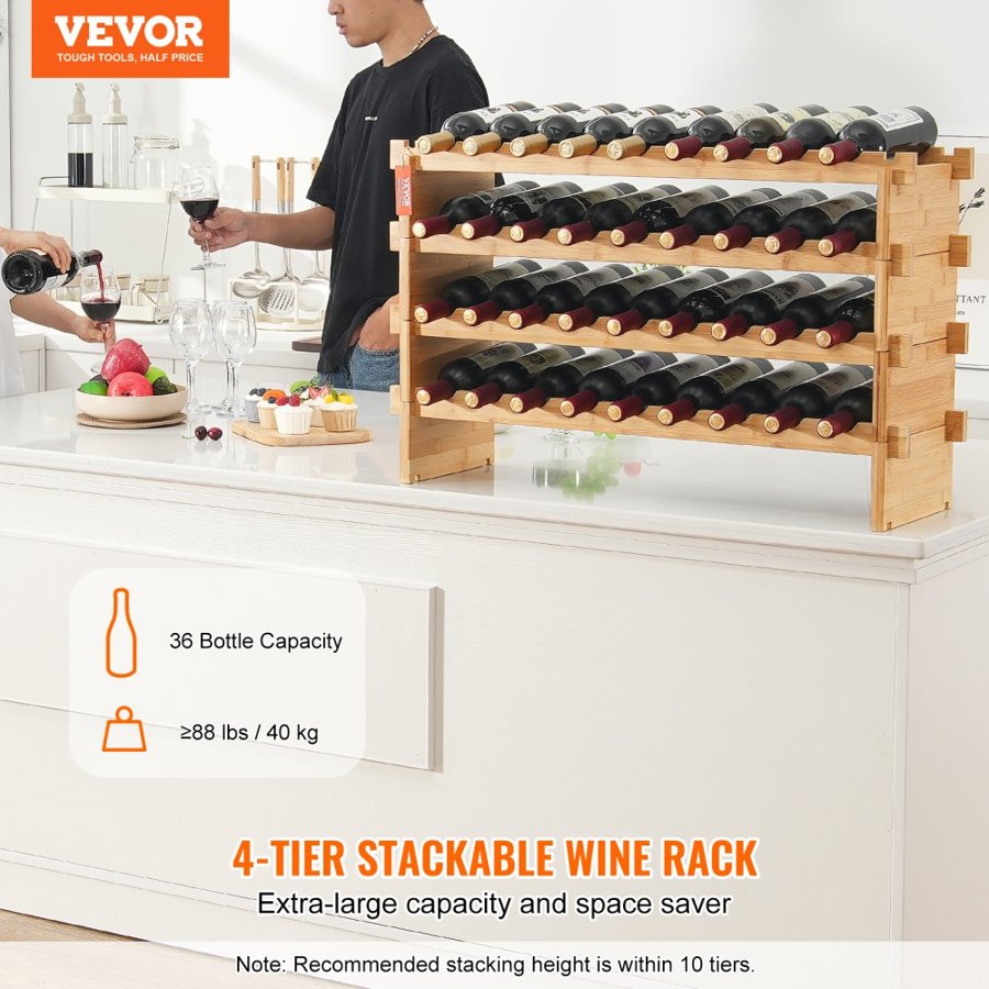 VEVOR 36 Bottle Wine Rack – 4-Tier, Bamboo, 88LB Capacity