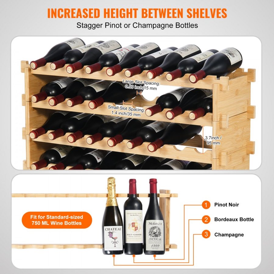 VEVOR 36 Bottle Wine Rack – 4-Tier, Bamboo, 88LB Capacity