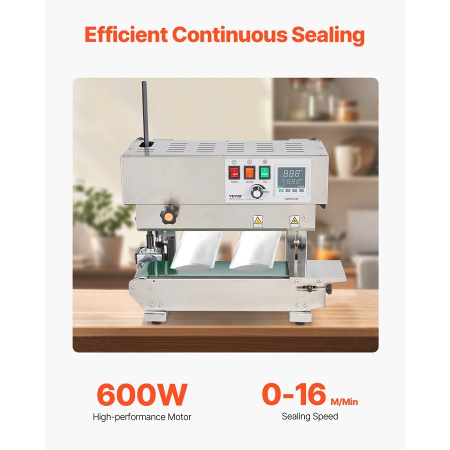 VEVOR Continuous Bag Band Sealing Machine, 0.24-0.47 in/6-12 mm Seal Width, Vertical Band Sealer Machine with Digital Temperature Control, Stainless Steel Bag Sealer for 0.02-0.8 mm Plastic Bags Films