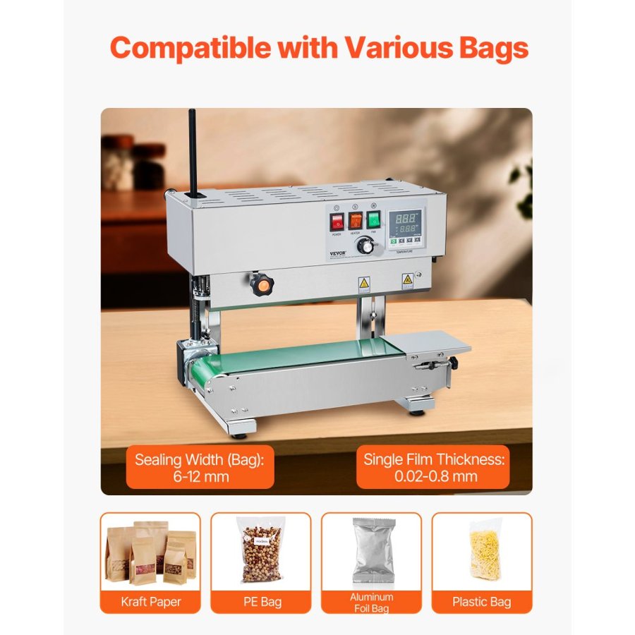 VEVOR Continuous Bag Band Sealing Machine, 0.24-0.47 in/6-12 mm Seal Width, Vertical Band Sealer Machine with Digital Temperature Control, Stainless Steel Bag Sealer for 0.02-0.8 mm Plastic Bags Films