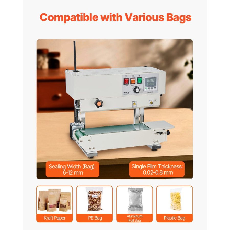 VEVOR Continuous Bag Band Sealing Machine, 0.24-0.47 in/6-12 mm Seal Width, Vertical Band Sealer Machine with Digital Temperature Control, Carbon Steel Bag Sealer for 0.02-0.8 mm Plastic Bags Films