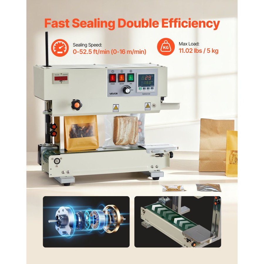 VEVOR Continuous Bag Band Sealing Machine, 6-12 mm Seal Width, Vertical Band Sealer Machine with Roller Printing , Temp & Speed Adjustable, Heat Sealing Machine for 0.03-0.8 mm Plastic Bags