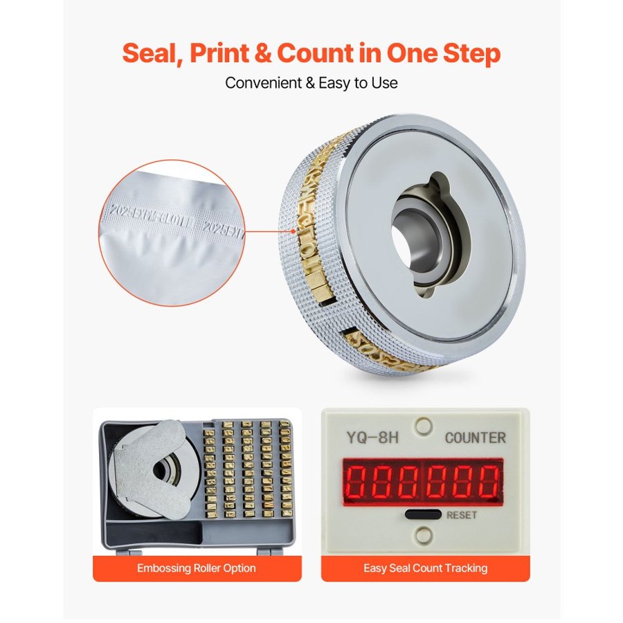 VEVOR Continuous Bag Band Sealing Machine, 6-12 mm Seal Width, Vertical Band Sealer Machine with Roller Printing , Temp & Speed Adjustable, Heat Sealing Machine for 0.03-0.8 mm Plastic Bags