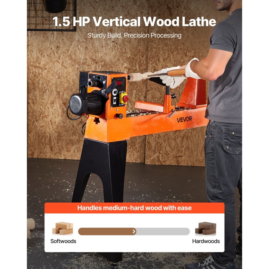 VEVOR Woodworking Lathe, 1100W / 1.5 HP, Wood Lathe Machine with 150 to 3200 RPM Variable Speed, 406 x 1020 mm Workbench, Brushless DC Motor, Cast Iron Body, Tool Rest, for Medium to Large Projects Woodworking
