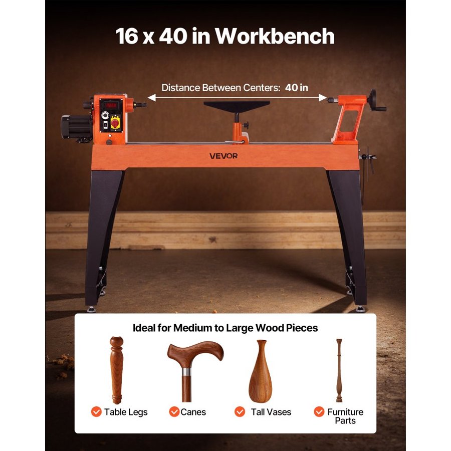 VEVOR Woodworking Lathe, 1100W / 1.5 HP, Wood Lathe Machine with 150 to 3200 RPM Variable Speed, 406 x 1020 mm Workbench, Brushless DC Motor, Cast Iron Body, Tool Rest, for Medium to Large Projects Woodworking