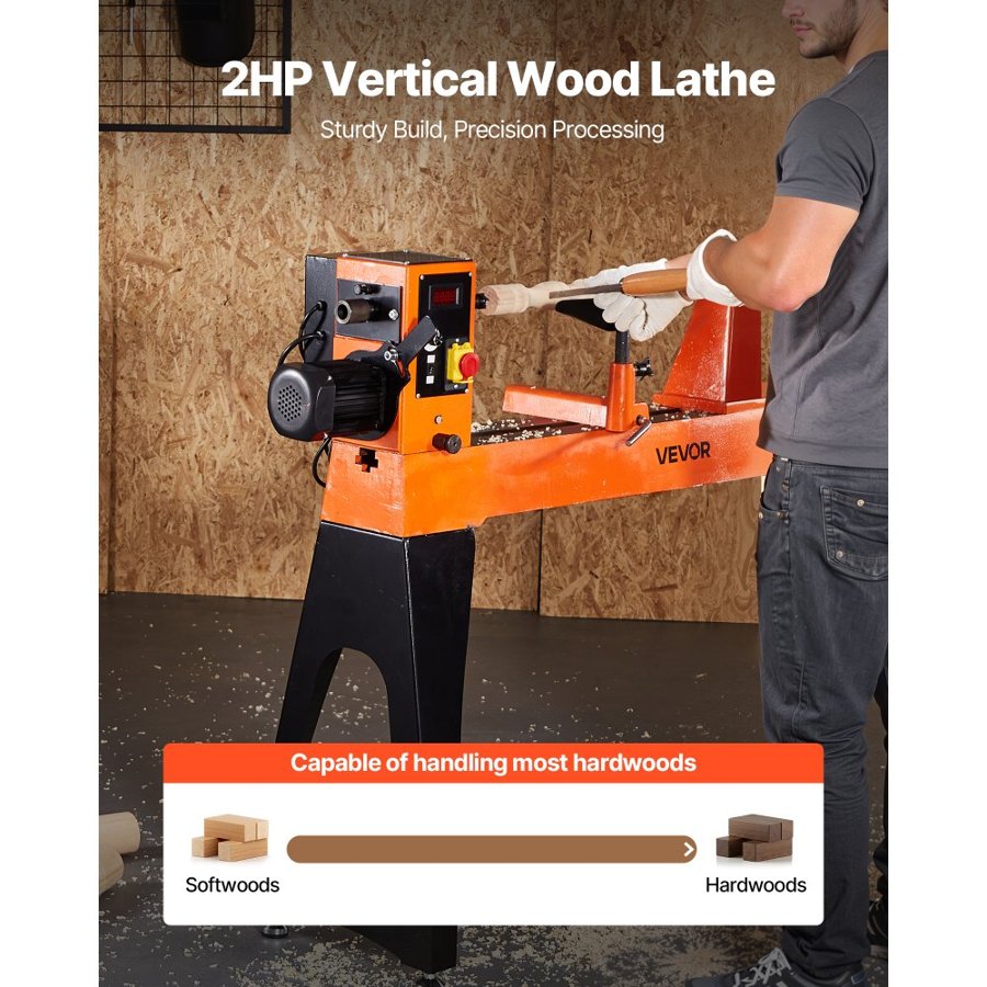 VEVOR Woodworking Lathe, 1500W / 2 HP, Wood Lathe Machine with 0 to 3200 RPM Variable Speed, 457 x 1020 mm Workbench, Brushless DC Motor, Cast Iron Body, Tool Rest, for Medium to Large Projects Woodworking