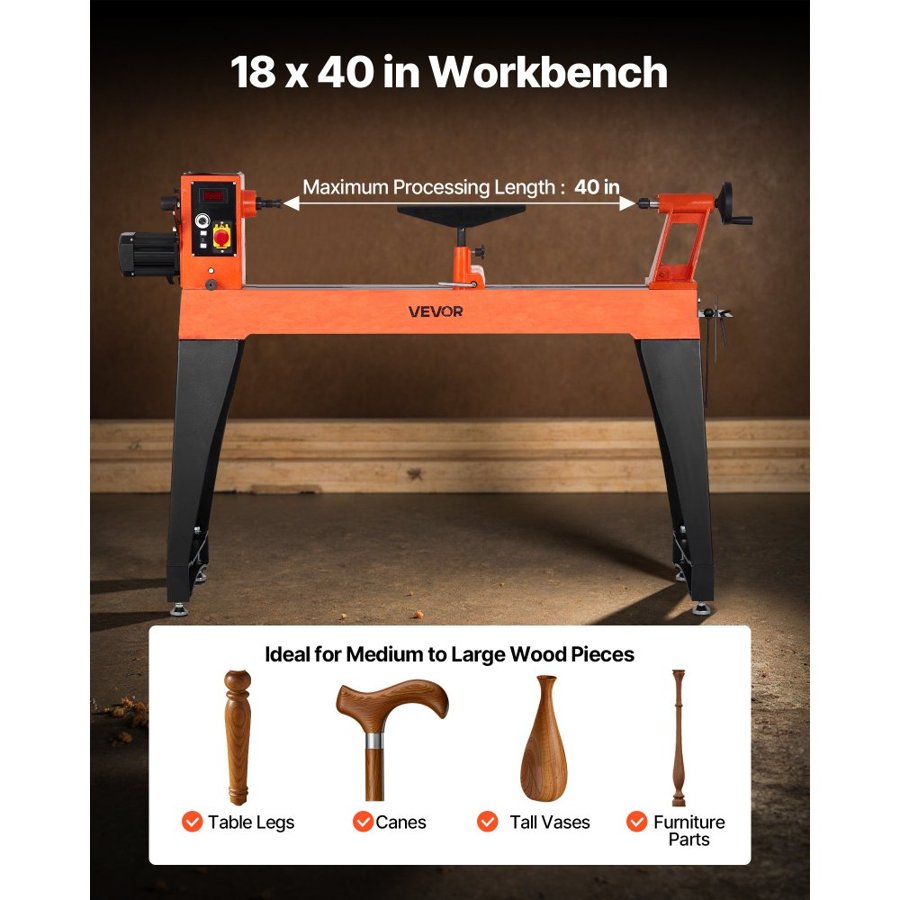 VEVOR Woodworking Lathe, 1500W / 2 HP, Wood Lathe Machine with 0 to 3200 RPM Variable Speed, 457 x 1020 mm Workbench, Brushless DC Motor, Cast Iron Body, Tool Rest, for Medium to Large Projects Woodworking