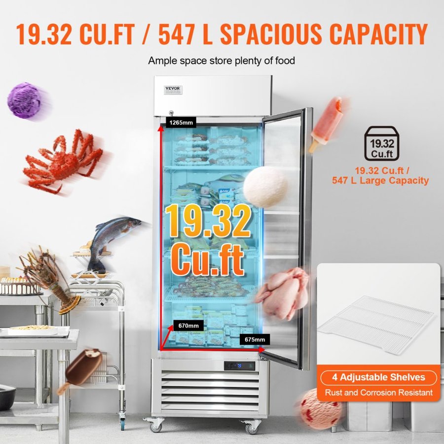 VEVOR Commercial Freezer 20.12 Cu.ft, Reach In Upright Freezer Single Door, Auto-Defrost Stainless Steel Reach-in Freezer with 3 Adjustable Shelves, -13 to 5℉ Temp Control and 4 Wheels