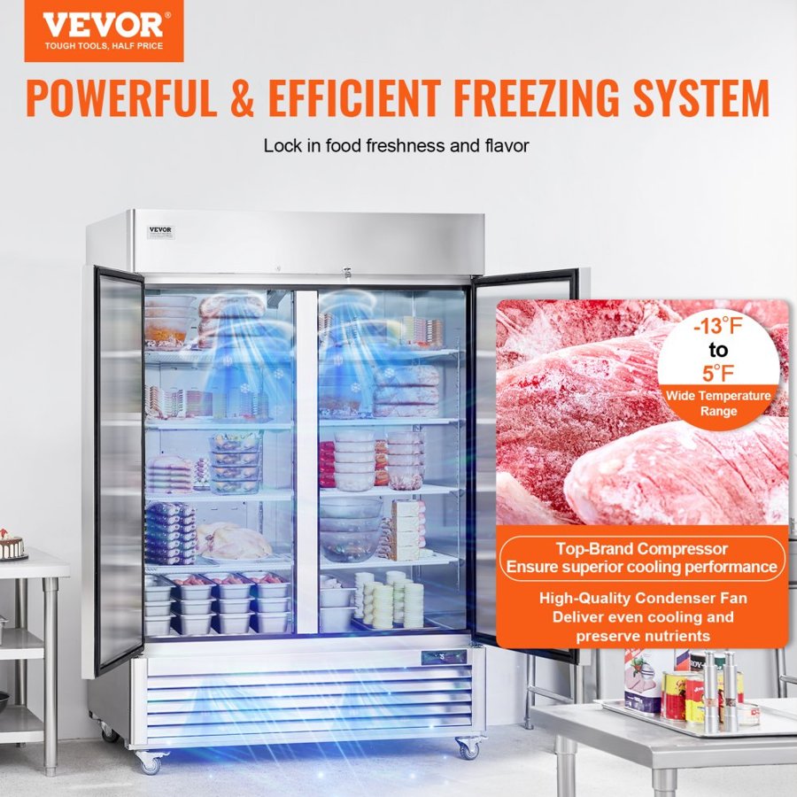 VEVOR Commercial Freezer 38.83 Cu.ft, Reach In Upright Freezer 2 Doors, Auto-Defrost Stainless Steel Reach-in Freezer with 6 Adjustable Shelves, -13 to 5℉ Temp Control and 4 Wheels