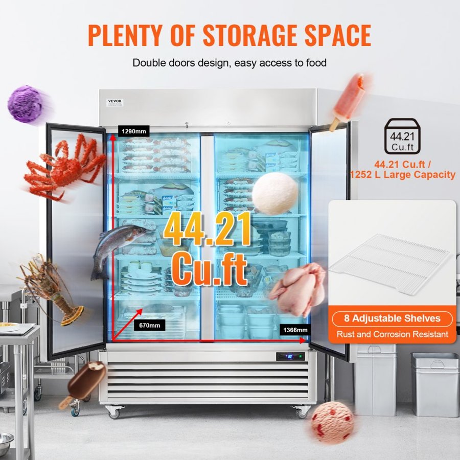VEVOR Commercial Freezer 38.83 Cu.ft, Reach In Upright Freezer 2 Doors, Auto-Defrost Stainless Steel Reach-in Freezer with 6 Adjustable Shelves, -13 to 5℉ Temp Control and 4 Wheels