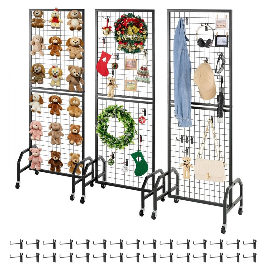 VEVOR 3 Packs Grid Wall Panels, 600 x 1640mm Wire Grid Panels Display Rack, Movable Art Display Shelf with Wheels and 30 Hooks, Black Carbon Steel Gridwall for Craft Show, Decor, Storage, Notice Board