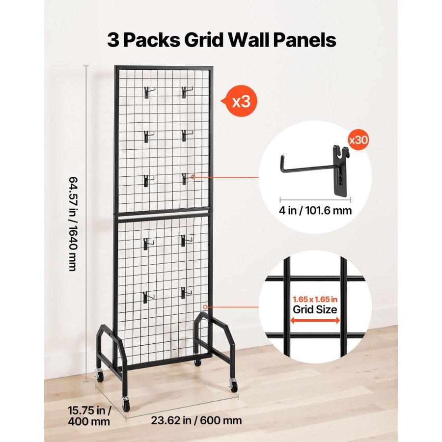 VEVOR 3 Packs Grid Wall Panels, 600 x 1640mm Wire Grid Panels Display Rack, Movable Art Display Shelf with Wheels and 30 Hooks, Black Carbon Steel Gridwall for Craft Show, Decor, Storage, Notice Board