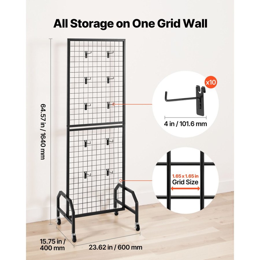 VEVOR Grid Wall Panel, 600 x 1640 mm Wire Grid Panels Display Rack, Movable Art Display Shelf with Wheels and 10 Hooks, Black Carbon Steel Gridwall for Craft Show, Decoration, Storage, Notice Board