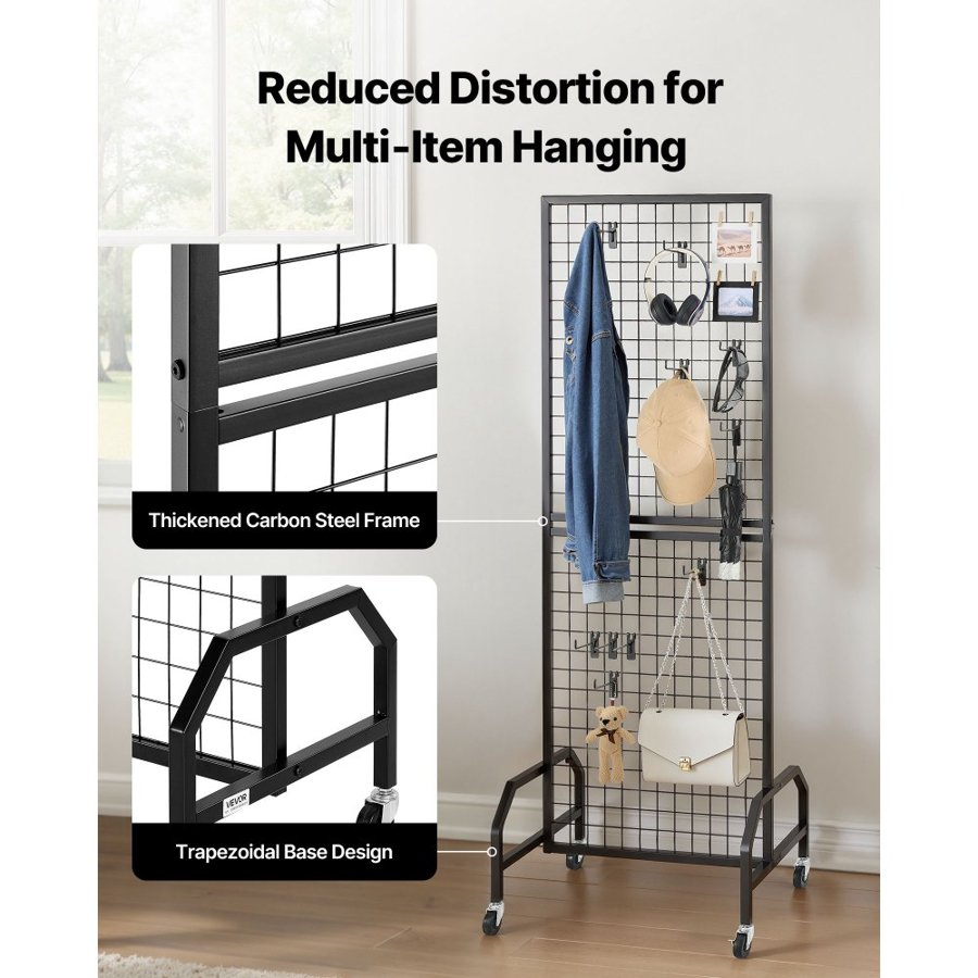 VEVOR Grid Wall Panel, 600 x 1640 mm Wire Grid Panels Display Rack, Movable Art Display Shelf with Wheels and 10 Hooks, Black Carbon Steel Gridwall for Craft Show, Decoration, Storage, Notice Board