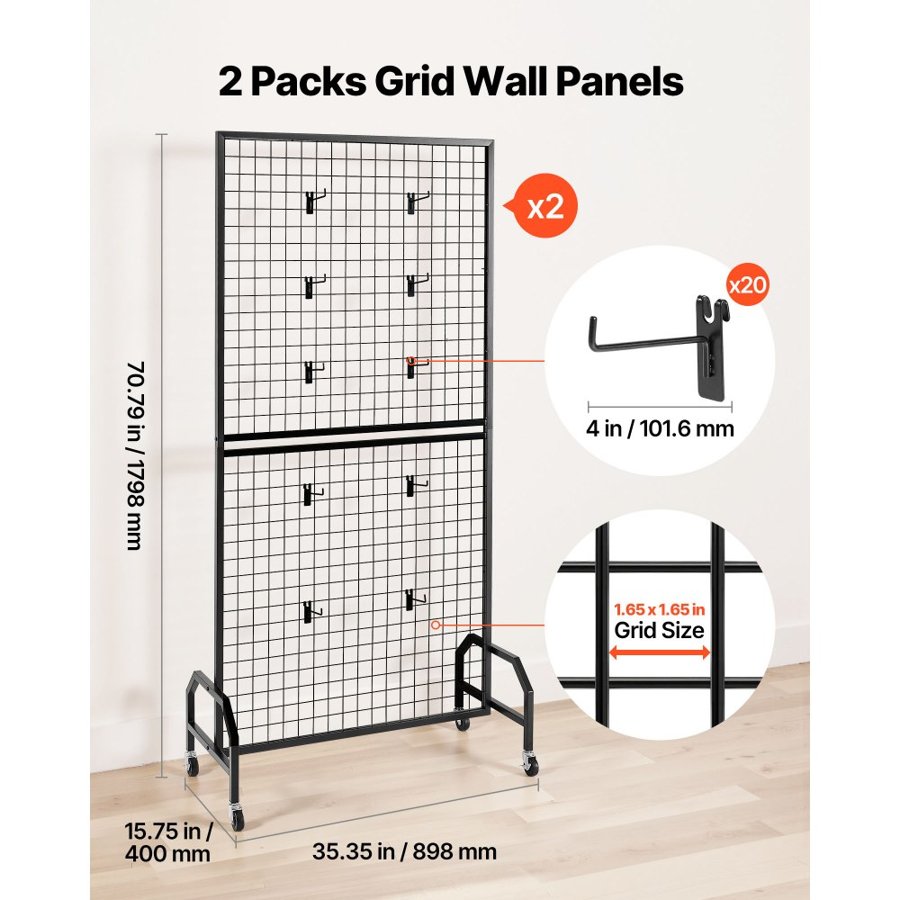 VEVOR 2 Packs Grid Wall Panels, 898 x 1798 mm Wire Grid Panels Display Rack, Movable Art Display Shelf with Wheels & 10 Hooks, Black Carbon Steel Gridwall for Craft Show, Decor, Storage, Notice Board