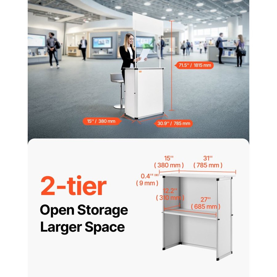 VEVOR Portable Tradeshow Podium Table, 78,5 × 38 × 181,5 cm, Display Exhibition Counter Stand Booth Fair with Wall, Foldable Promotion Retail Bar Table Pop Up Podium with Storage Rack/Carrying Bag