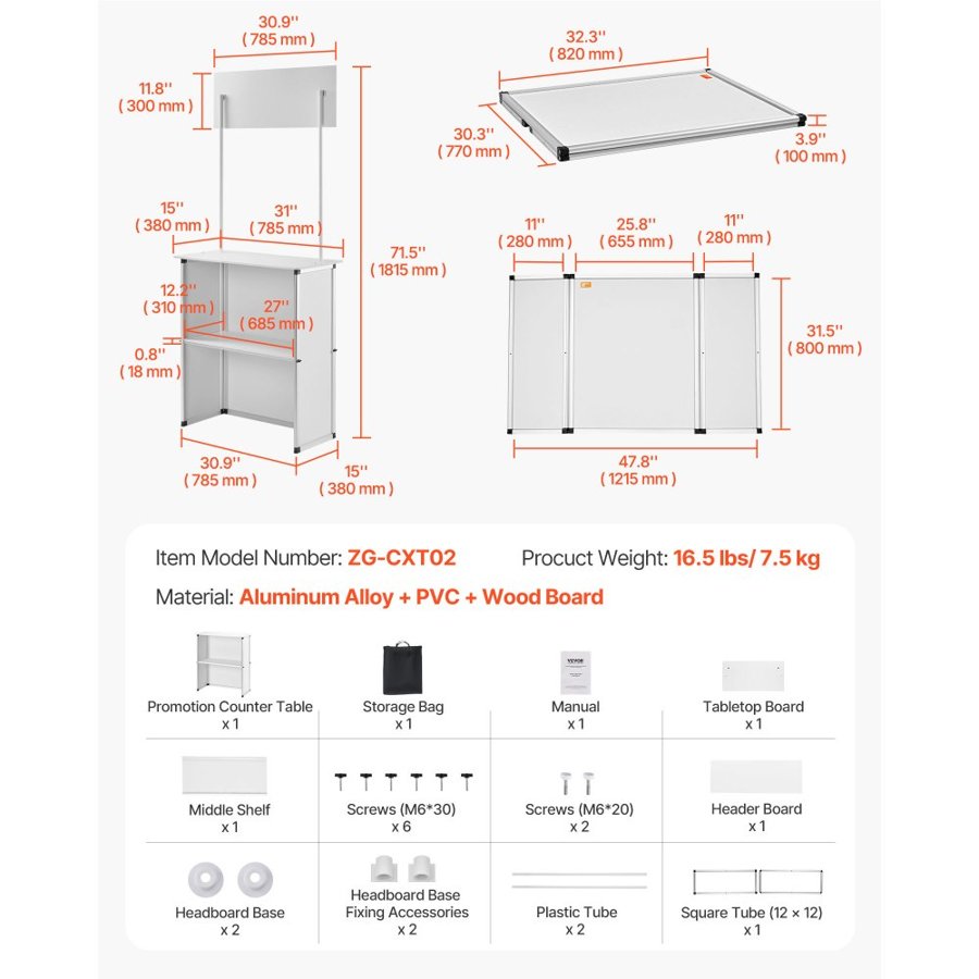 VEVOR Portable Tradeshow Podium Table, 78,5 × 38 × 181,5 cm, Display Exhibition Counter Stand Booth Fair with Wall, Foldable Promotion Retail Bar Table Pop Up Podium with Storage Rack/Carrying Bag
