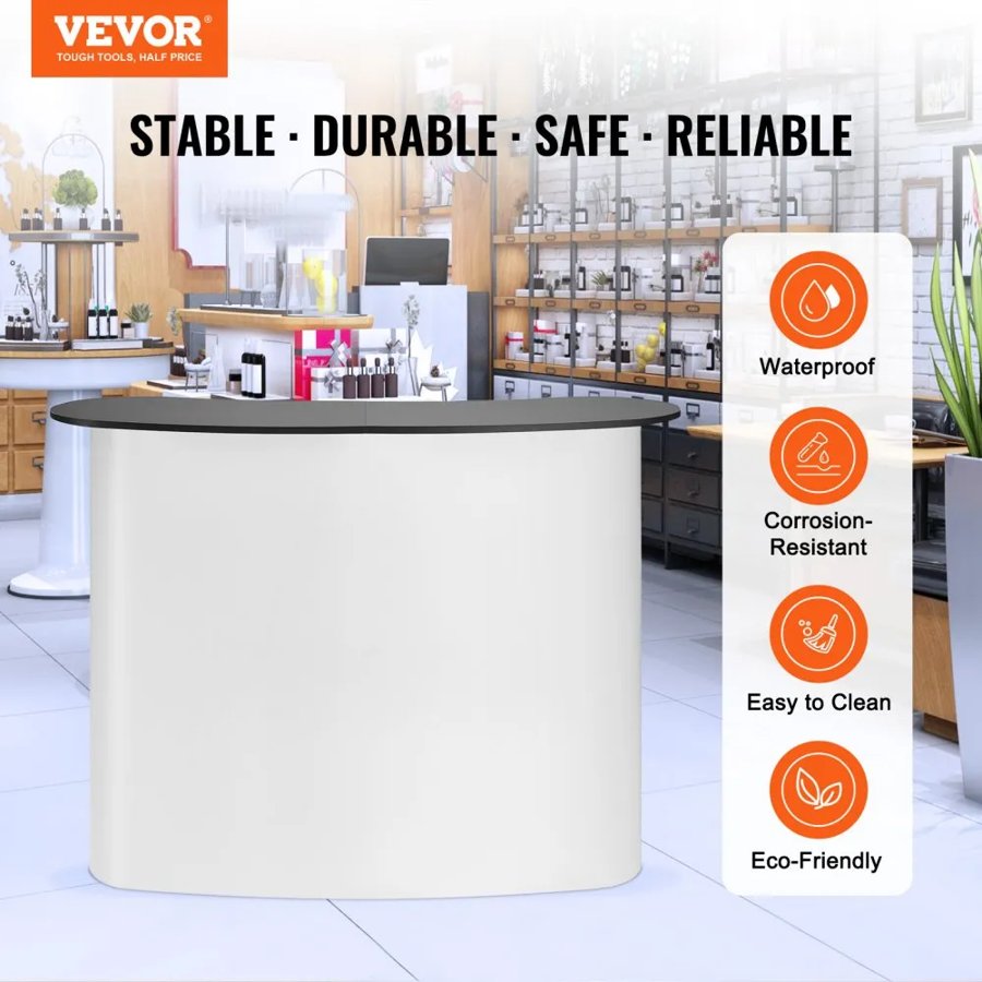VEVOR Portable Tradeshow Podium Table, 130 × 46,5 × 95 cm, Display Exhibition Counter Stand Booth Fair with Wall, Foldable Promotion Retail Bar Table Pop Up Podium with Storage Rack, Carrying Bag