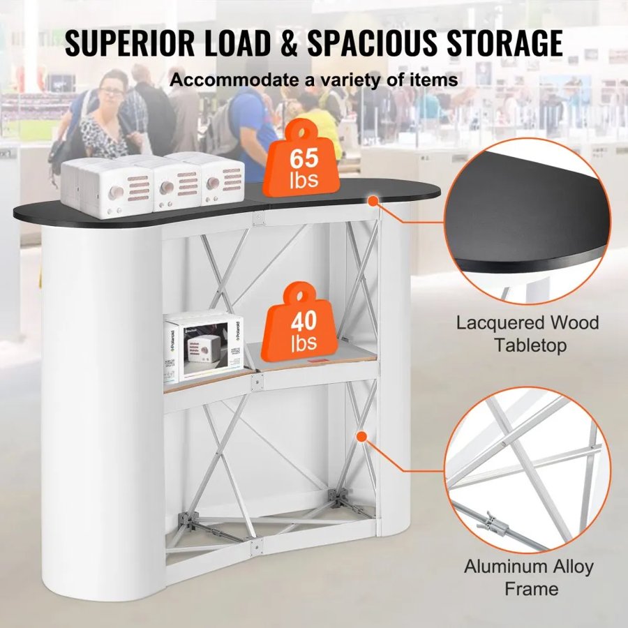 VEVOR Portable Tradeshow Podium Table, 130 × 46,5 × 95 cm, Display Exhibition Counter Stand Booth Fair with Wall, Foldable Promotion Retail Bar Table Pop Up Podium with Storage Rack, Carrying Bag