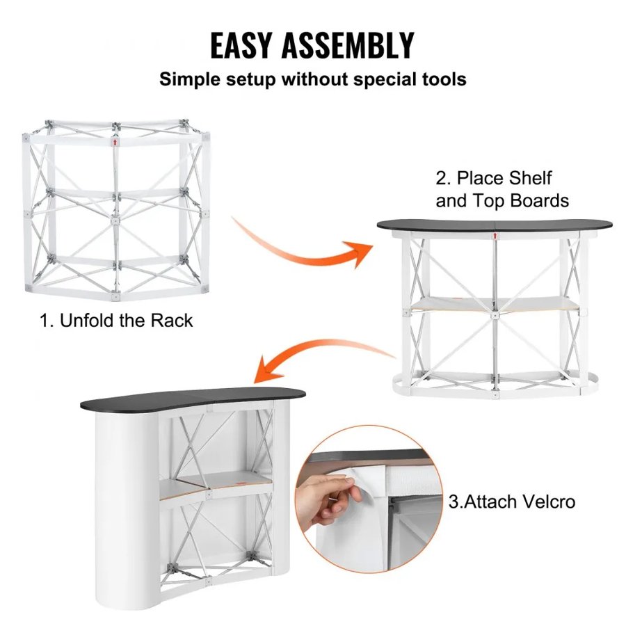 VEVOR Portable Tradeshow Podium Table, 130 × 46,5 × 95 cm, Display Exhibition Counter Stand Booth Fair with Wall, Foldable Promotion Retail Bar Table Pop Up Podium with Storage Rack, Carrying Bag