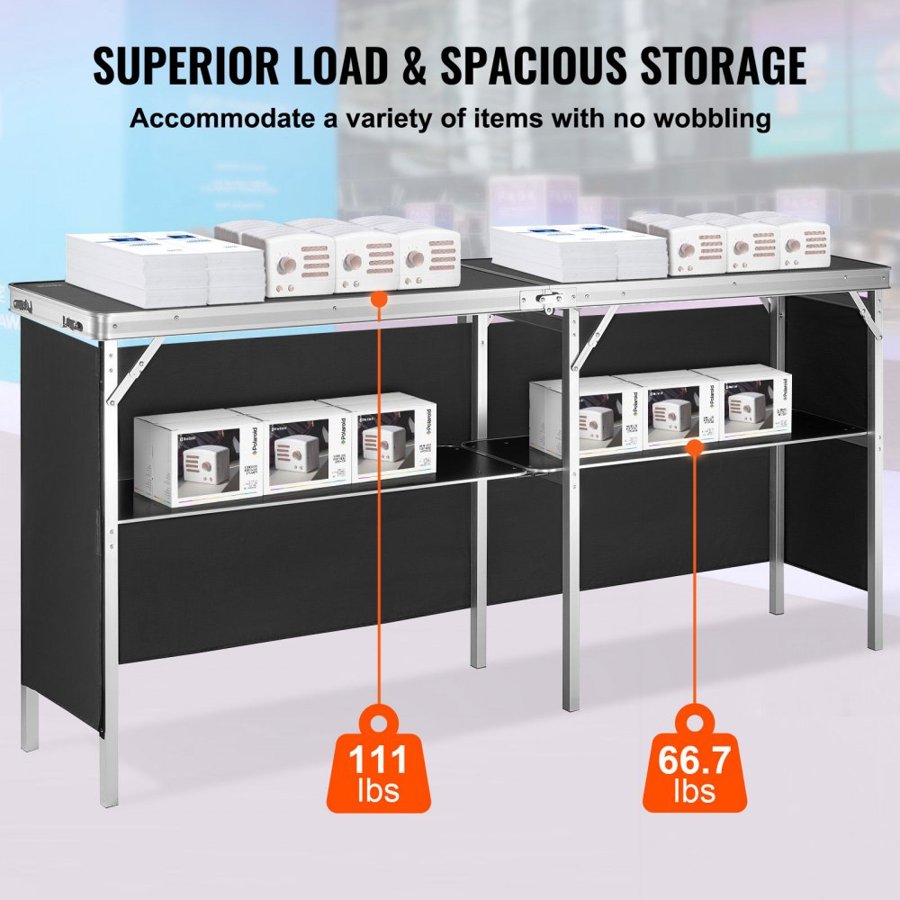 VEVOR Portable Tradeshow Podium Table, 1980 x 385 x 880 mm, Display Exhibition Counter Stand Booth Fair with Wall, Foldable Promotion Retail Bar Table Podium with Storage Rack and Carrying Bag